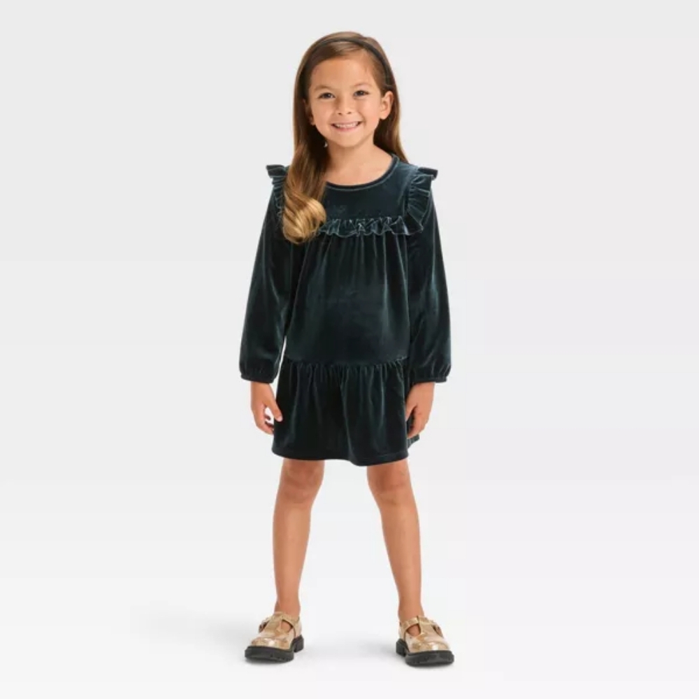 New 4T Toddler Girls A Line Velour Long Sleeve Mini Dress Cat & Jack Ruffled Hem